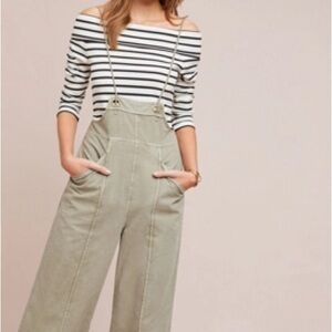 Anthropologie Overalls Womens Large Gray Wide Leg Cropped Suspender Jumpsuit